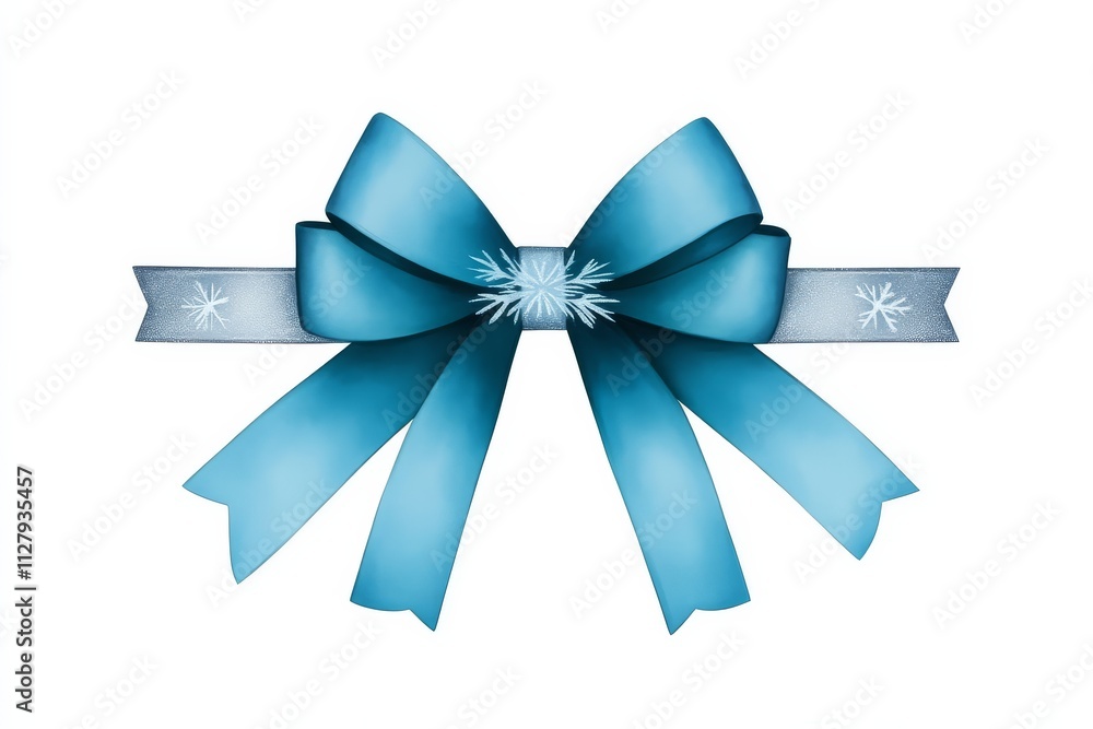 A beautiful blue ribbon bow with tails, adorned with a snowflake design, perfect for gift wrapping or festive decorations. A beautiful blue ribbon bow with tails, adorned with a snowflake design, perfect for gift wrapping or festive decorations.