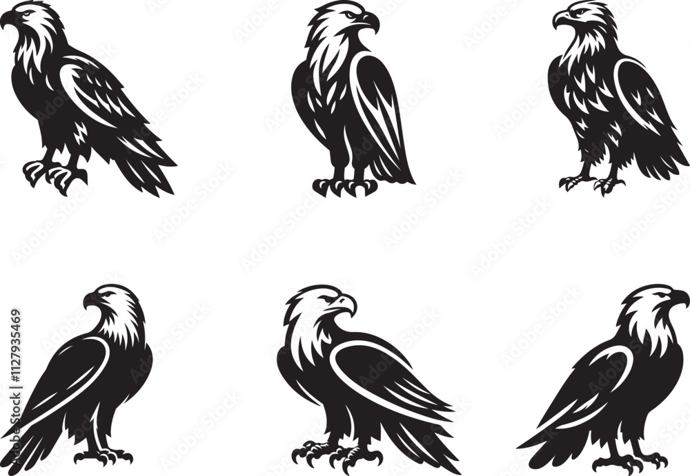 Obraz premium Standing Eagle vector, Eagle set silhouette vector illustration