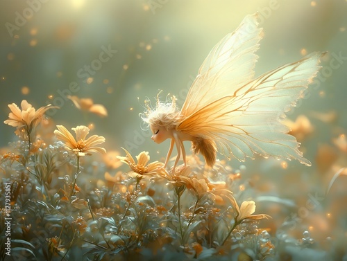 A fantasy butterfly with transparent wings amidst a peach flower field in a fairy tale setting, creating an ethereal and dreamy atmosphere.