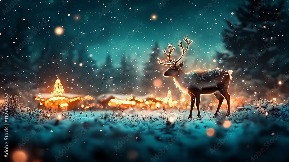 A snowy landscape with a lone reindeer standing in a field with a distant Christmas market glowing with festive lights in the background leaving the foreground and upper sky open for copy space A snowy landscape with a lone reindeer standing in a field with a distant Christmas market glowing with festive lights in the background leaving the foreground and upper sky open for copy space