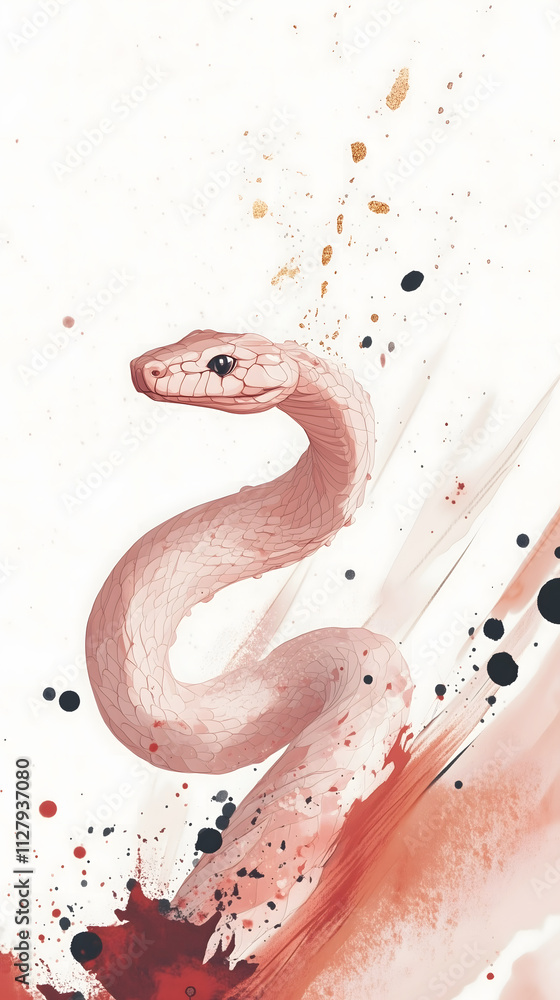 Fototapeta premium Watercolor Pink Snake on White Background 