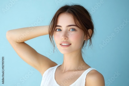 Skincare Woman Blue Background Portrait Serene Expression Natural Lighting