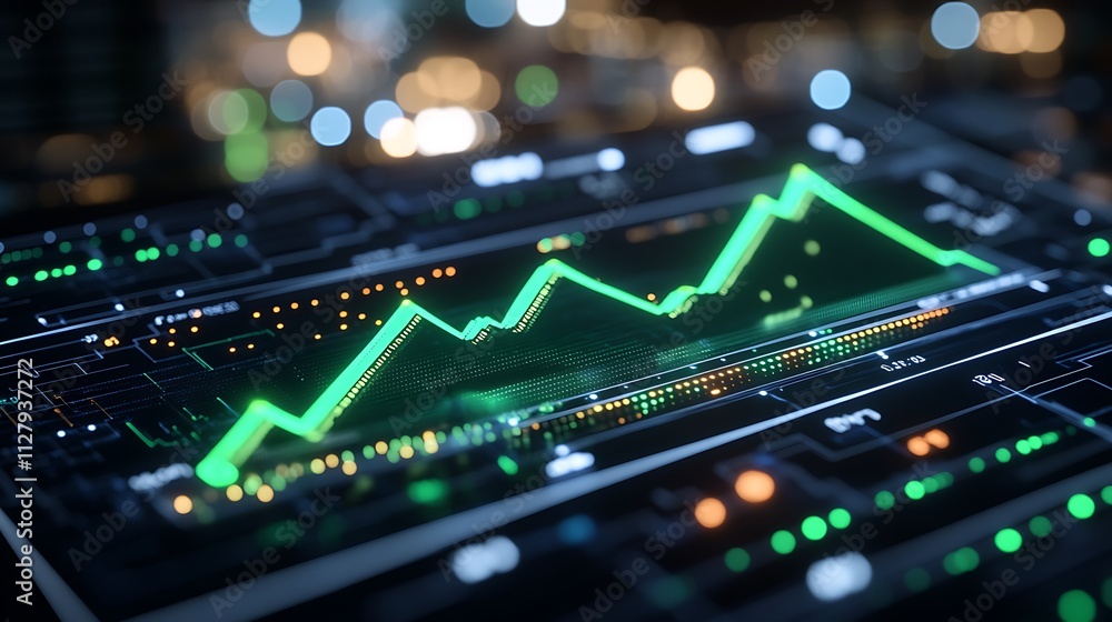 Financial data analysis with upward trends represented by glowing graphs and digital statistics Financial data analysis with upward trends represented by glowing graphs and digital statistics