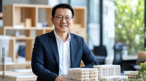 Profesional Chinese architect in modern office next to architectural model of a building