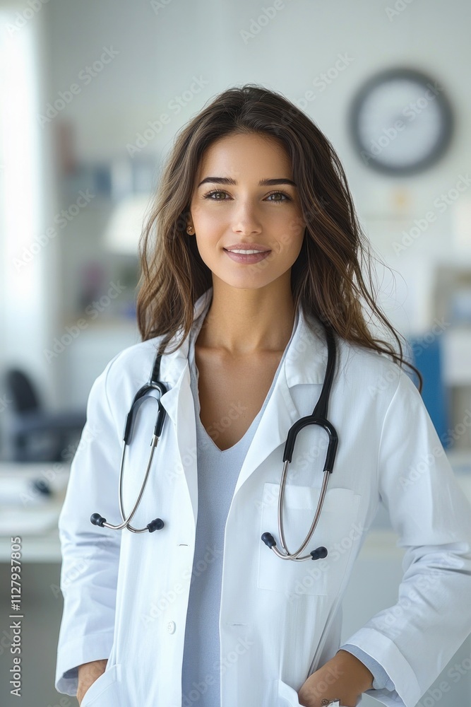 Confident young Hispanic female doctor in white coat smiling in modern clinic during check-up Confident young Hispanic female doctor in white coat smiling in modern clinic during check-up