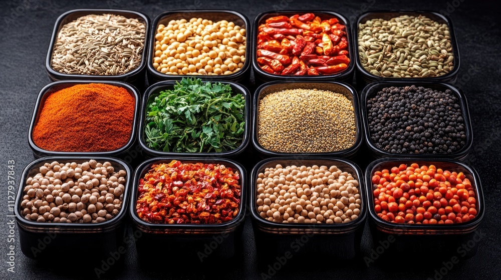Assorted spices in small black containers on a dark surface.