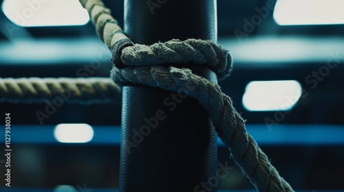 A boxing ring's corner with padded turnbuckles and stitching details, indoor setting in a dimly lit gym, Gritty style photo