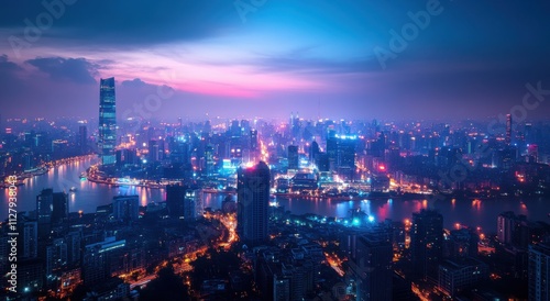 Stunning Aerial View of a Vibrant Urban Cityscape at Dusk with Illuminated Skyscrapers and Reflective Waterways Under a Dramatic Sky