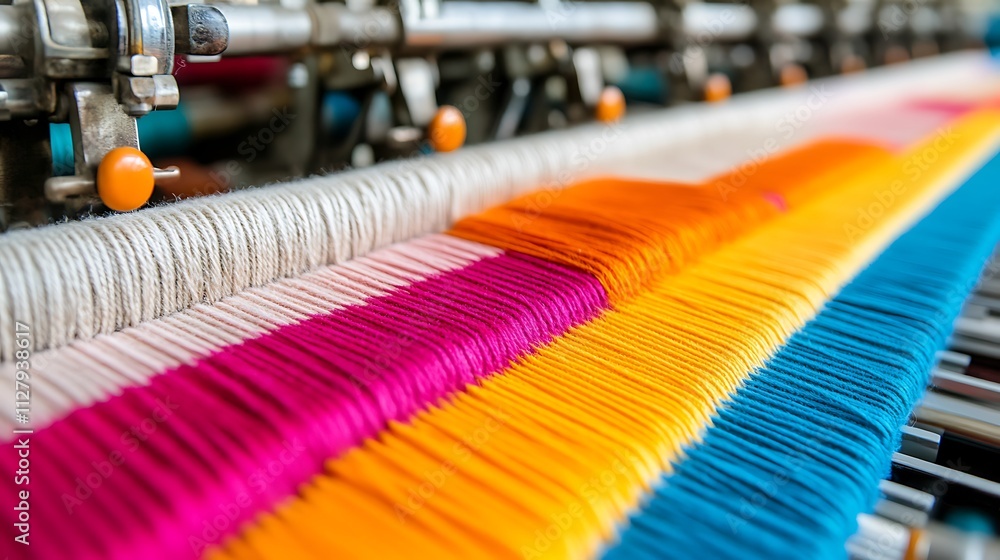 Colorful threads being woven on a textile machine in a vibrant fabric production process Colorful threads being woven on a textile machine in a vibrant fabric production process