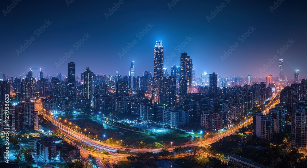 Stunning Night Cityscape View of Modern Skyscrapers Illuminated by Bright Lights in a Vibrant Urban Environment with a Clear Sky Stunning Night Cityscape View of Modern Skyscrapers Illuminated by Bright Lights in a Vibrant Urban Environment with a Clear Sky