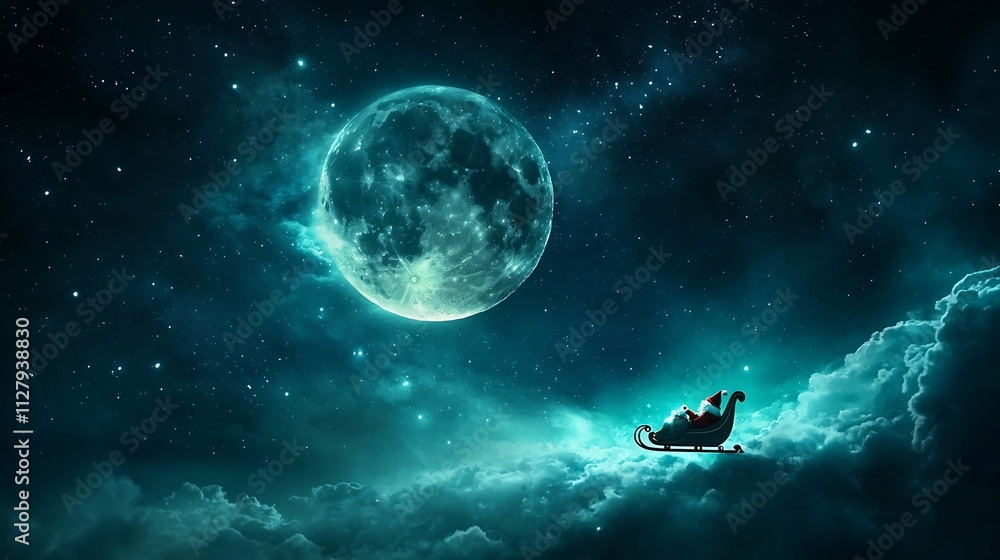 A whimsical and enchanting photograph of Santa Claus riding his sleigh across a full moon in a starry serene sky on Christmas Eve The scene is filled with a sense of wonder and joy A whimsical and enchanting photograph of Santa Claus riding his sleigh across a full moon in a starry serene sky on Christmas Eve The scene is filled with a sense of wonder and joy