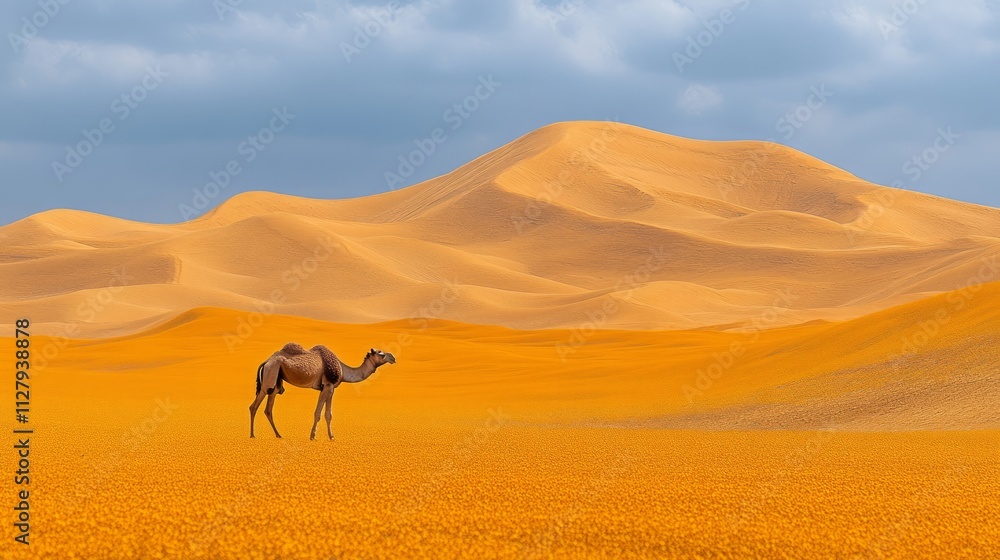 Solitary camel amidst golden desert dunes. Solitary camel amidst golden desert dunes.