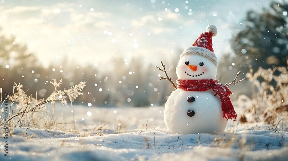 Cheerful Snowman with Carrot Nose Coal Eyes and Red Scarf Standing in Snowy Field with Open Sky Background Cheerful Snowman with Carrot Nose Coal Eyes and Red Scarf Standing in Snowy Field with Open Sky Background