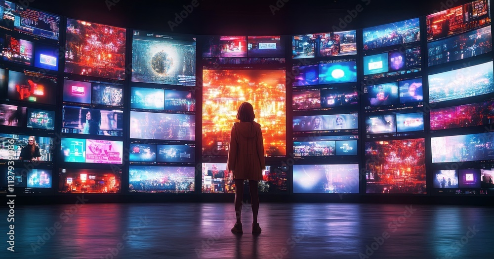 Caucasian Woman Gazing at Futuristic Digital Gallery with Neon Lights and Social Media Streams Featuring Influencers and Viral Content in Cyberpunk Aesthetic Caucasian Woman Gazing at Futuristic Digital Gallery with Neon Lights and Social Media Streams Featuring Influencers and Viral Content in Cyberpunk Aesthetic