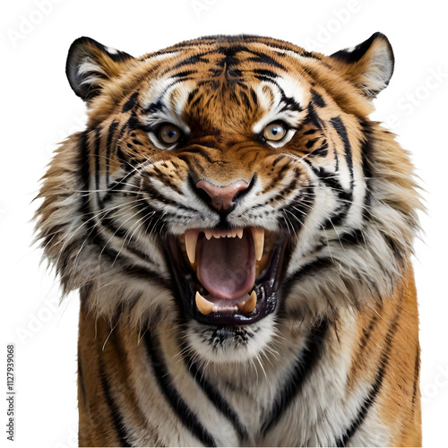 Tiger roars and growls showing its fangs isolated on white transparent background png