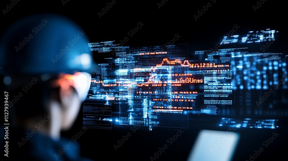 Engineer analyzing data trends with digital interface for advanced technology solutions Engineer analyzing data trends with digital interface for advanced technology solutions