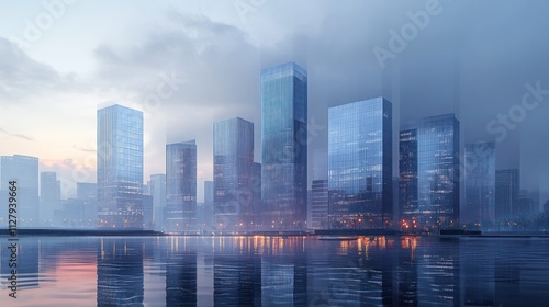 Modern cityscape at dawn, glass buildings reflecting early light, tranquil atmosphere, 