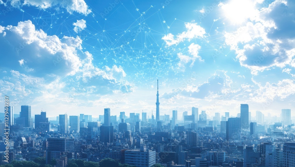 Vibrant City Skyline with Tower and Clear Blue Sky, Showcasing Beautiful Cloud Patterns and Digital Connectivity in a Modern Urban Environment Vibrant City Skyline with Tower and Clear Blue Sky, Showcasing Beautiful Cloud Patterns and Digital Connectivity in a Modern Urban Environment