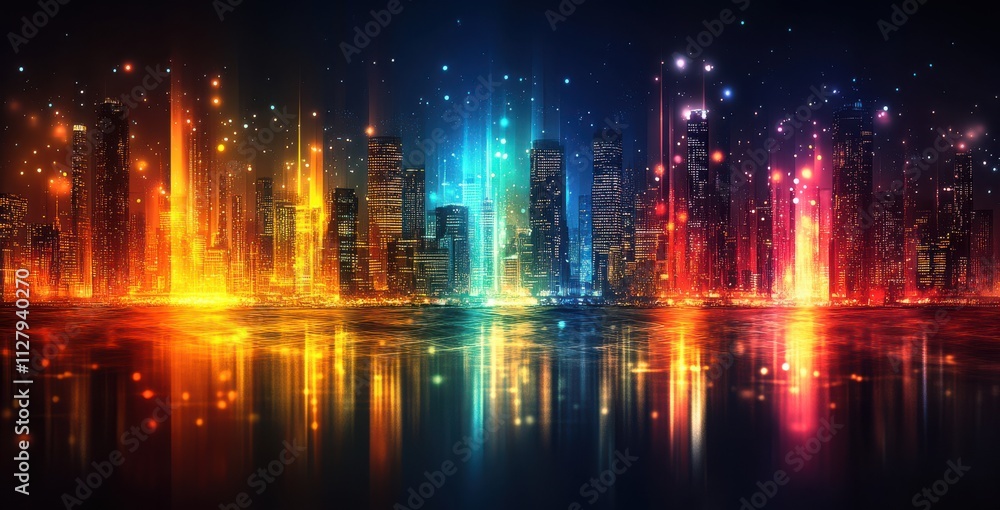 Fototapeta premium Vibrant Cityscape at Night with Colorful Light Reflections and Sparkling Stars Amidst a Dark Sky Creating a Magical Urban Atmosphere