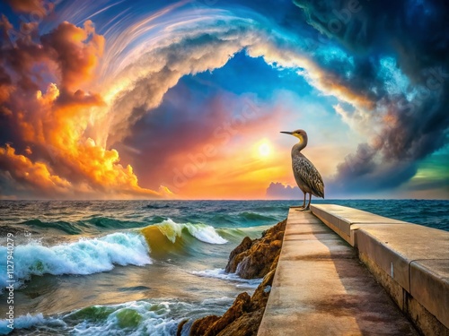 Surreal Scene of a Phalcoboenus Chimango Perched on a Breakwater Against a Dreamlike Sky with Vibrant Colors and Abstract Elements photo