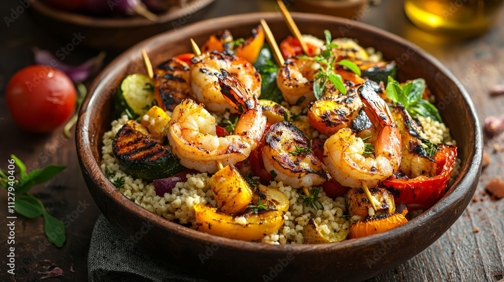 Grilled shrimp skewers with vegetables on bed of couscous, garnished with herbs, create vibrant and appetizing dish. colorful presentation enhances dining experience Grilled shrimp skewers with vegetables on bed of couscous, garnished with herbs, create vibrant and appetizing dish. colorful presentation enhances dining experience