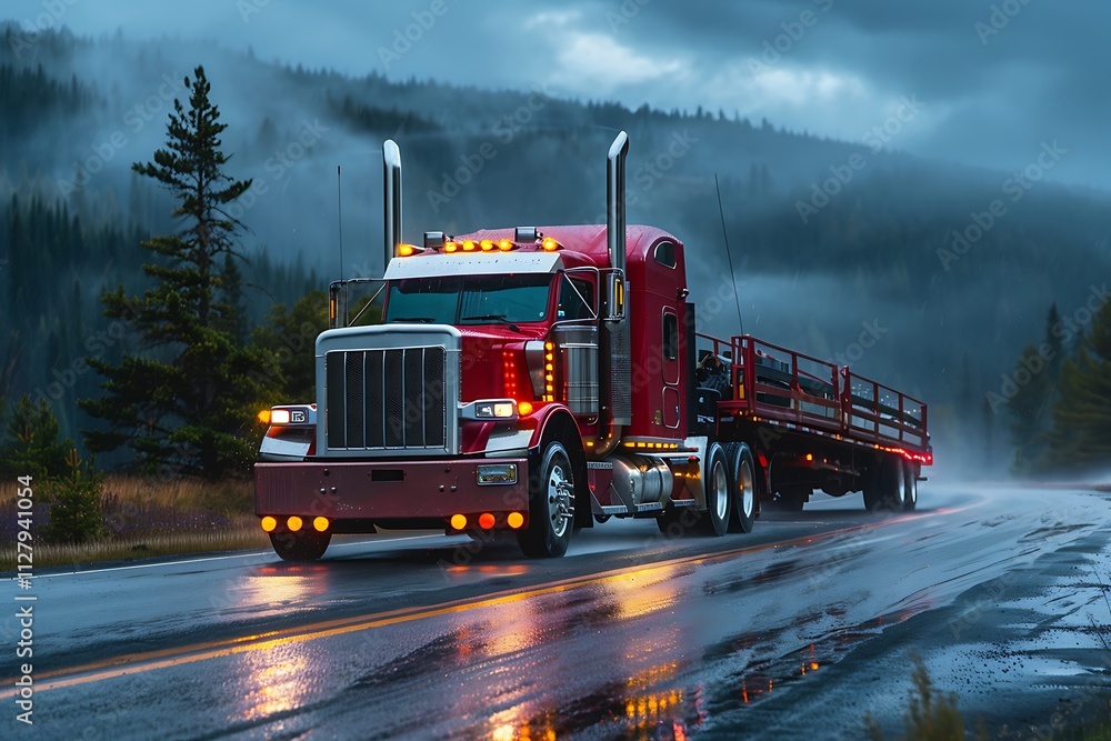 Truck on the road in the fog Truck on the road in the fog