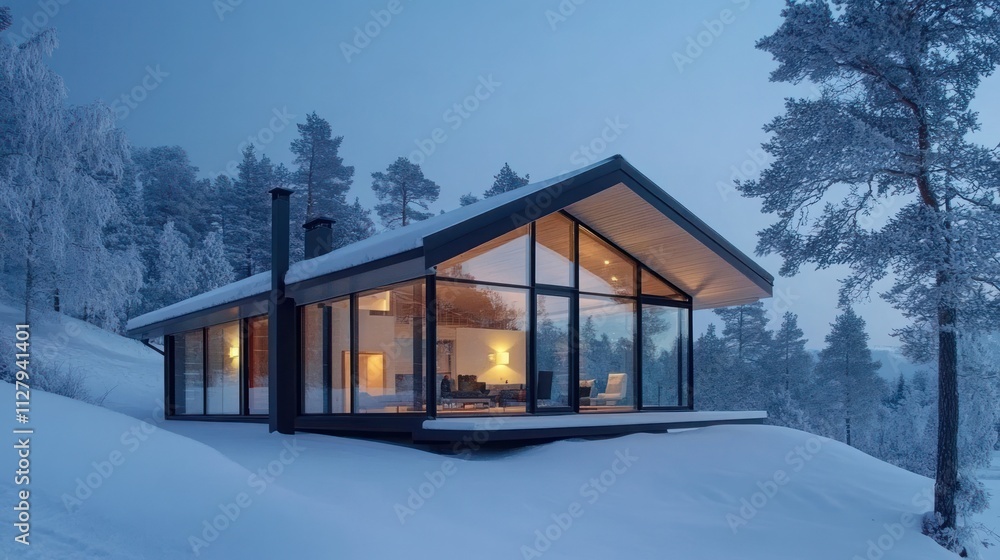 Modern Scandinavian-style winter house, minimalist, glass walls, snowy background Modern Scandinavian-style winter house, minimalist, glass walls, snowy background