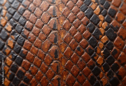 Close-up view of brown snake skin texture. Design shows repeating diamond shapes. Pattern creates intriguing visual effect. Suitable for fashion design, home decor, product design inspiration. Photo photo