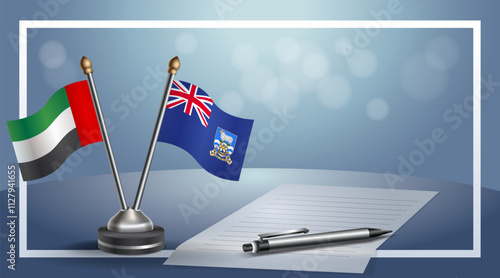 United Arab Emirate and Falkland Islands National flags on small table with bokeh background, cooperative relationship