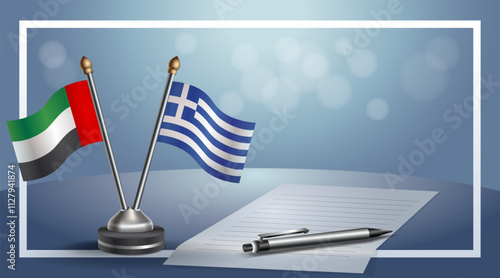 United Arab Emirate and Greece National flags on small table with bokeh background, cooperative relationship