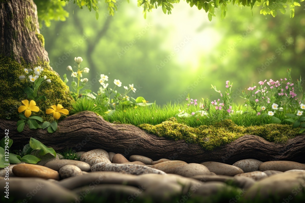 Sunlit forest floor with moss, wildflowers, and rocks. Sunlit forest floor with moss, wildflowers, and rocks.