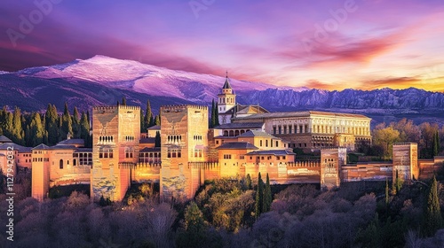Sunset Alhambra Palace, Sierra Nevada mountains.