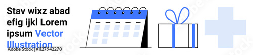 Calendar with spiral binding, gift box with bow, and medical cross symbol alongside sample text in blue and black. Ideal for planning, scheduling, healthcare, celebrations, company events, reminders