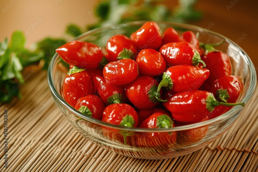 Bowl of ripe red chili peppers on a bamboo mat. Bowl of ripe red chili peppers on a bamboo mat.