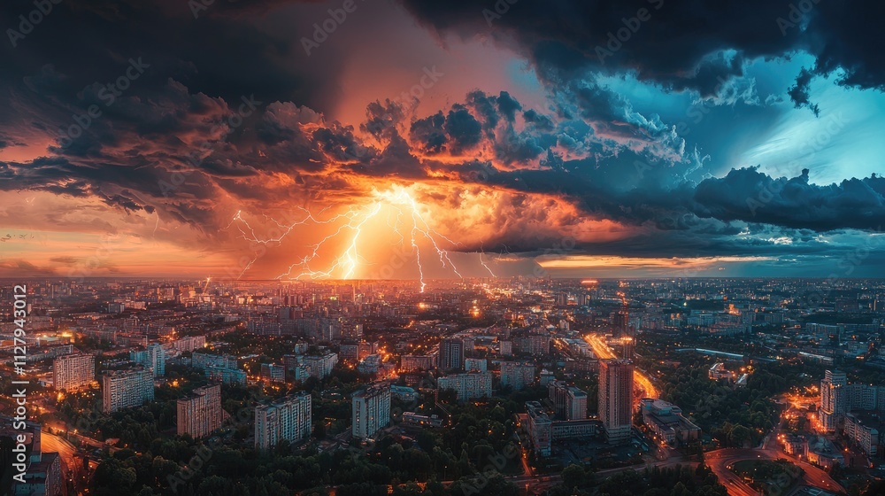 Dramatic Sunset Lightning Storm over Cityscape Dramatic Sunset Lightning Storm over Cityscape