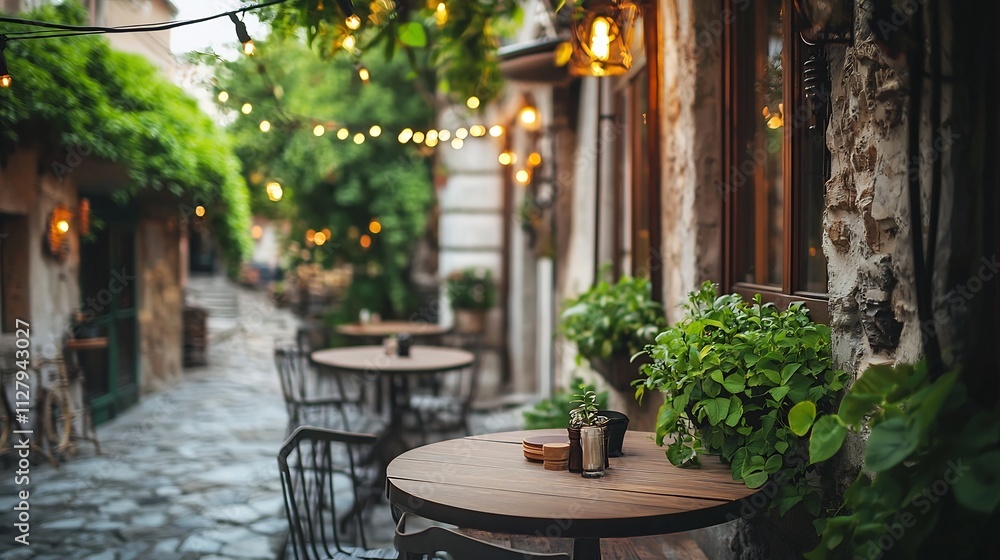 Charming outdoor caf setting with small round tables and chairs surrounded by lush greenery string lights and a clear sky in the background Charming outdoor caf setting with small round tables and chairs surrounded by lush greenery string lights and a clear sky in the background
