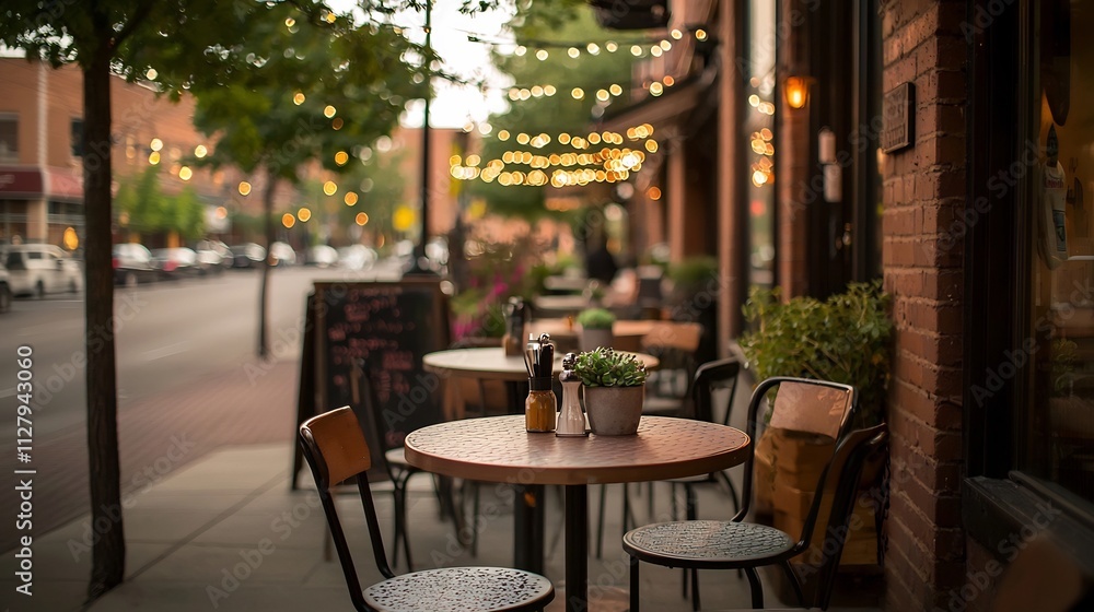 Charming Outdoor Caf with Small Round Tables and Chairs Surrounded by Lush Greenery and Twinkling String Lights Set Against a Clear Sky for Relaxing Alfresco Dining Experience Charming Outdoor Caf with Small Round Tables and Chairs Surrounded by Lush Greenery and Twinkling String Lights Set Against a Clear Sky for Relaxing Alfresco Dining Experience