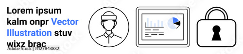 Business data analytics on screen, profile avatar icon, and security padlock. Ideal for data analysis, security protocols, user profiles, corporate training, tech tutorials, infographics