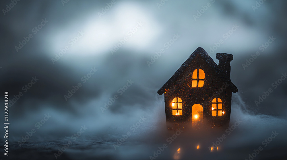 spooky halloween house silhouette with glowing windows in foggy night scene spooky halloween house silhouette with glowing windows in foggy night scene