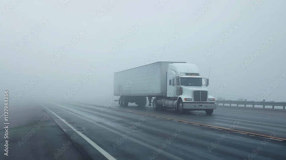 Truck on the highway in a heavy fog. Transportation of goods Truck on the highway in a heavy fog. Transportation of goods