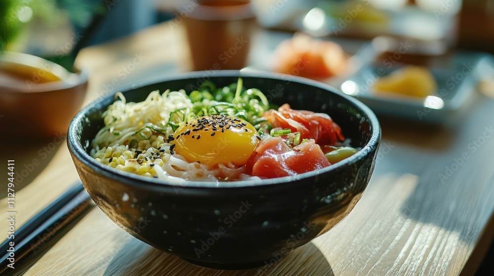 A medium shot of a donburi bowl with intricate details of the toppings, the glossy egg yolk catching soft daylight, the composition enhanced by chopsticks and side dishes like tamago and pickled veget A medium shot of a donburi bowl with intricate details of the toppings, the glossy egg yolk catching soft daylight, the composition enhanced by chopsticks and side dishes like tamago and pickled veget