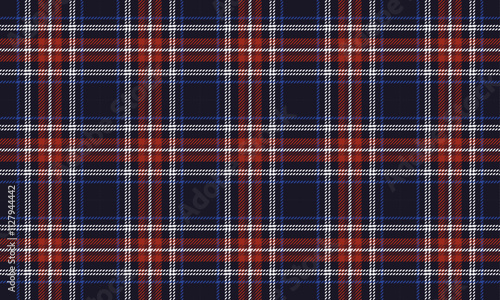 Plaid fabric pattern, navy blue, red, white, blue, modern luxury cross lines seamless for textiles, and for designing clothes, skirts, pants or decorative fabrics. Vector illustration.