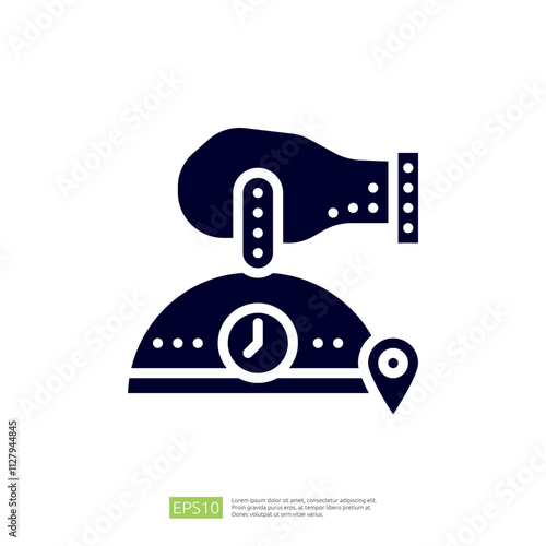 The image depicts a hand placing an item under a cloche with a clock and location marker, suggesting a service or delivery concept.