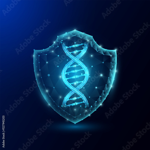 Chromosome DNA gene cell double helix blue in shield translucent polygon futuristic glowing on dark background. Genetic synthetic biology combined. Immunity protection medical concept. Vector.