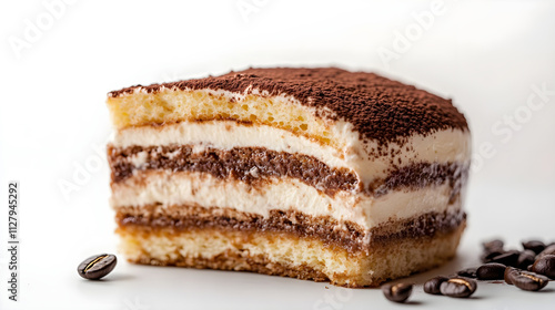 Slice of tiramisu with layers of coffee-soaked sponge and mascarpone cream on white background photo