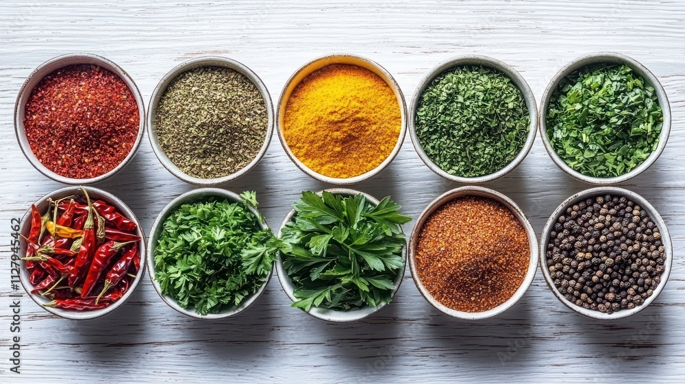Assortment of dried and fresh herbs and spices in bowls. Assortment of dried and fresh herbs and spices in bowls.