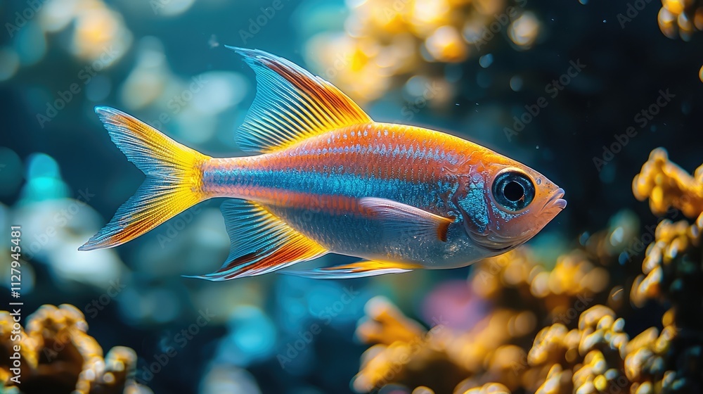 A neon tetra glides effortlessly in a lively freshwater tank, surrounded by lush greenery and vibrant decor, showcasing its striking colors and lively spirit A neon tetra glides effortlessly in a lively freshwater tank, surrounded by lush greenery and vibrant decor, showcasing its striking colors and lively spirit