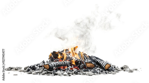 Smoldering campfire with a few embers and gentle smoke on white background