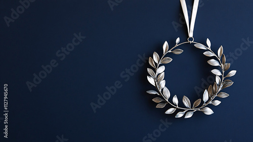 silver leaf wreath ornament hanging on a dark blue background photo