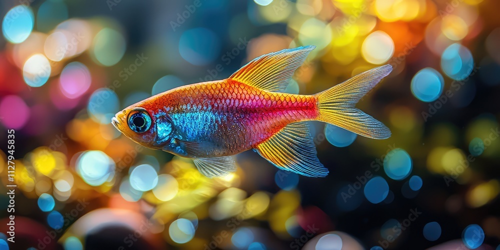 A neon tetra swims elegantly through the crystal-clear waters of a freshwater tank, showcasing its bright colors amid a backdrop of shimmering aquatic plants and colorful pebbles A neon tetra swims elegantly through the crystal-clear waters of a freshwater tank, showcasing its bright colors amid a backdrop of shimmering aquatic plants and colorful pebbles